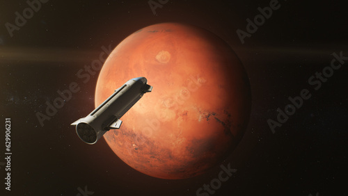 Cinematic 3D graphics of Mars rotating in outer space. Spacecraft orbiting red planet. Manned research space mission. Future human colonization and universe exploration concept. Technological advance.