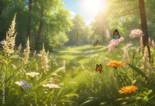 Summer forest glade with flowering grass and butterflies on a sunny day