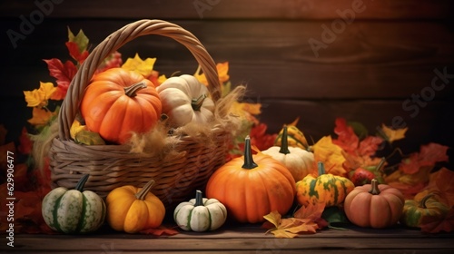 Pumpkins in the basket, happy Thanksgiving Day