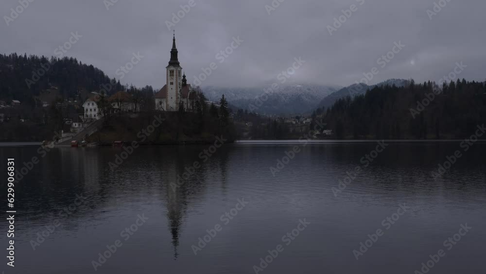 Lake Bled Church Island Morning Clouds in Winter Time Lake Bled Church Island Morning Clouds in Winter Time