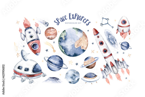 Astronaut baby boy girl space set, cosmonaut stars, planet, moon, rocket and shuttle isolated watercolor space ship illustration on white background, Spaceman cartoon kid astronout. universe 