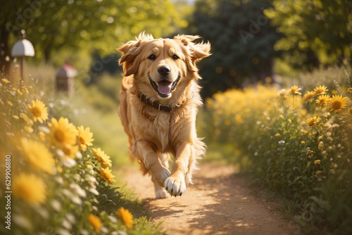 Golden Retriever Dog running outside in an open field on a sunny summer day - AI Generative