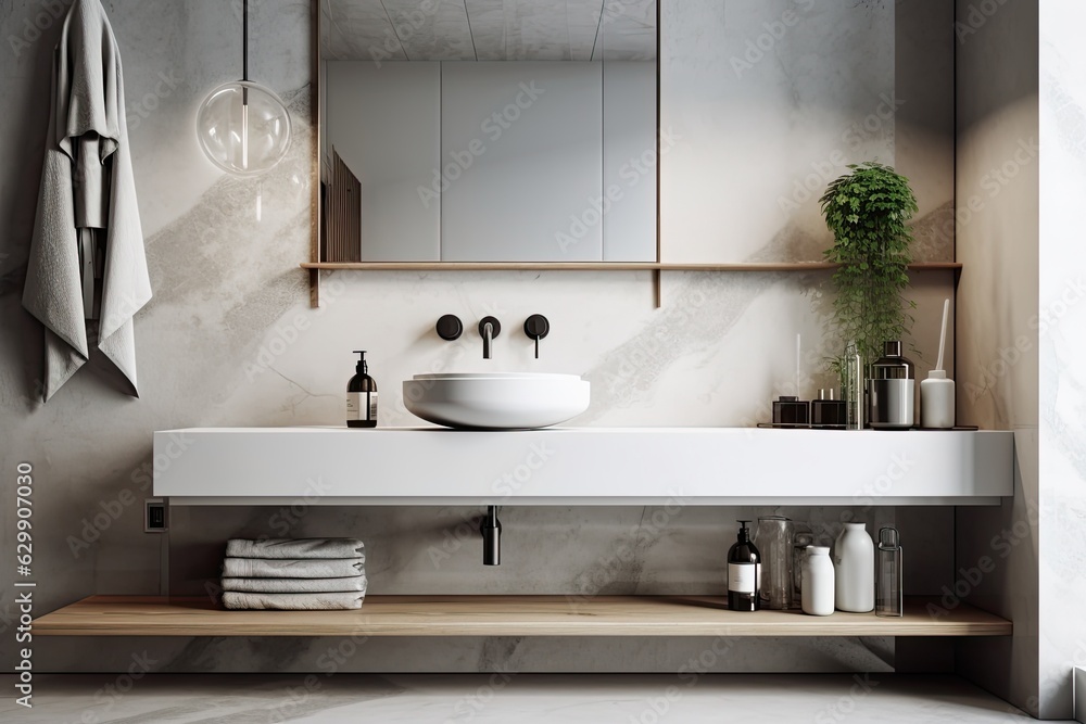 Fototapeta premium a sink that is hanging on a shelf within a bathroom. Generative AI