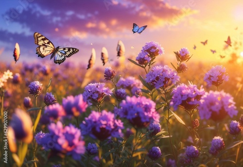 Beautiful summer sunset background with blooming wild lovanda flowers and flying butterflies in a sunny meadow © Jasmine