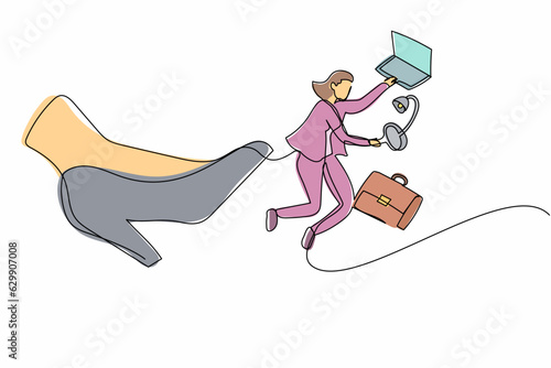 Single continuous line drawing active businesswoman kicked out of work with office supplies. Manager being fired. Staff reduction. Minimalism metaphor. One line draw graphic design vector illustration