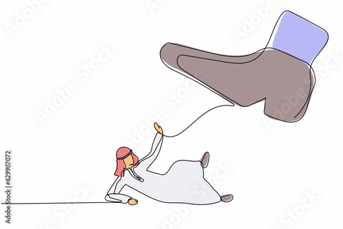 Single continuous line drawing small Arabic businessman under the giant foot. Big boss foot in the shoe going to crush manager. Minimalism metaphor concept. One line graphic design vector illustration