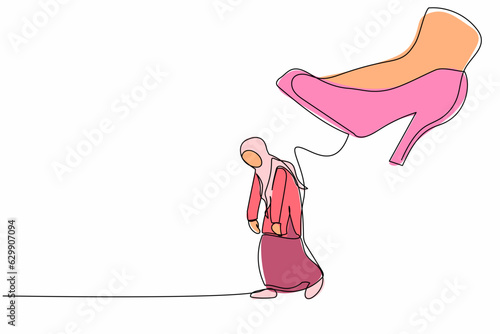 Continuous one line drawing unhappy Arab businesswoman going away with huge high heels kicking her out. Stress employee being fired and kicked out. Single line draw design vector graphic illustration