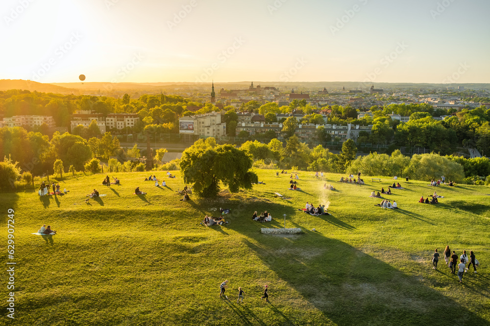 Krakus Mound with sunset view of Krakow old town, Poland.