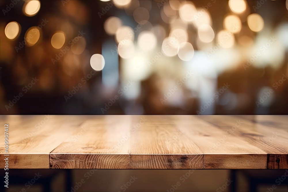 Background bokeh light of a coffee shop with an empty wood table. Mockup for product display, banner for internet media, and business presentation. Generative AI