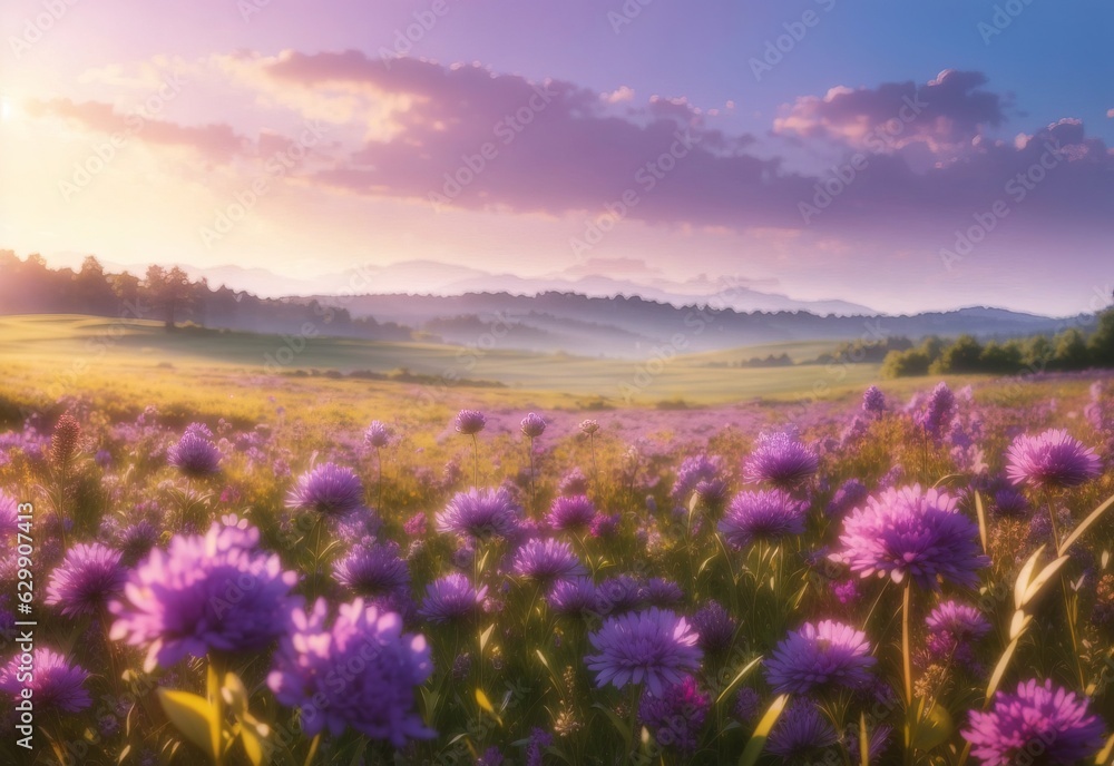 Beautiful field meadow flowers purple in morning sunny meadow, nature landscape