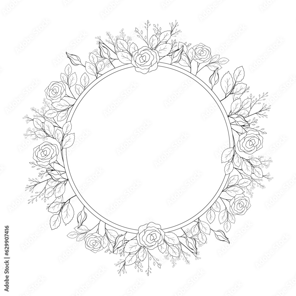 Round flower frame with roses, line.