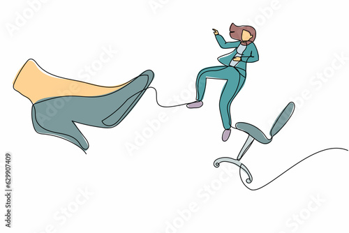 Continuous one line drawing unlucky small businesswoman kicked out by big foot from chair. Staff reduction, fired manager. Minimalist metaphor concept. Single line design vector graphic illustration