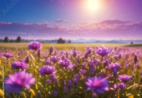 Beautiful field meadow flowers purple in morning sunny meadow, nature landscape © Jasmine