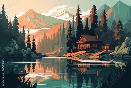 House on the lake among the forest, mountains in the background