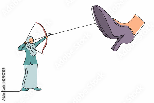 Single continuous line drawing active Arab businesswoman aiming bow against giant shoe stomping. Female archering against giant foot step. Minimalism metaphor. One line draw design vector illustration