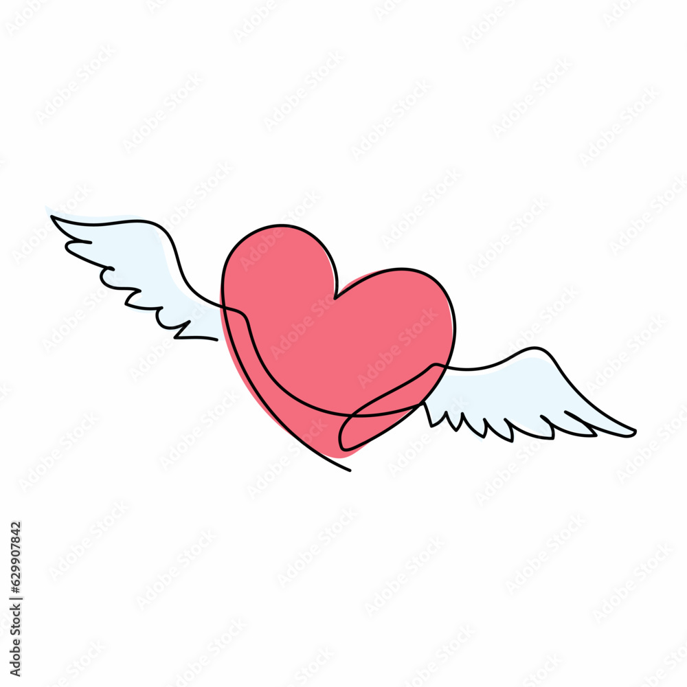 Continuous one line drawing flying heart love with wings. Romantic love. Holiday celebration, wedding invitation, greeting card on white background. Single line draw design vector graphic illustration Continuous one line drawing flying heart love with wings. Romantic love. Holiday celebration, wedding invitation, greeting card on white background. Single line draw design vector graphic illustration