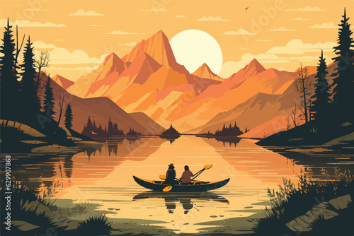 National park poster featuring a couple in a tandem kayak on a lake with mountains in the background