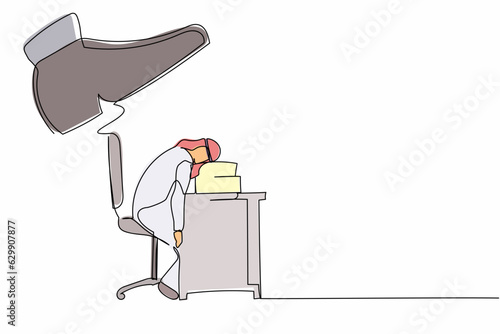 Single one line drawing fatigue Arabian businessman sleeping on pile of papers under big foot stomp. Tired exhausted deadline overloaded worker. Continuous line draw design graphic vector illustration