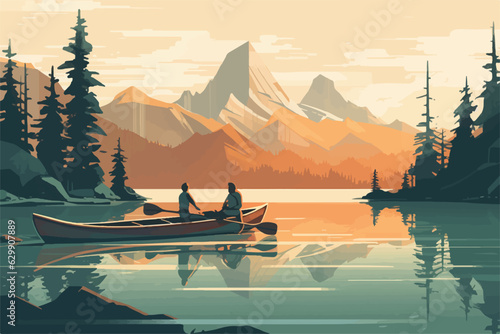 National park poster featuring a couple in a tandem kayak on a lake with mountains in the background