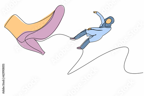 Continuous one line drawing failed Arab businesswoman kicked out by bigfoot. Employee become unemployed from company. Minimalist metaphor concept. Single line draw design vector graphic illustration