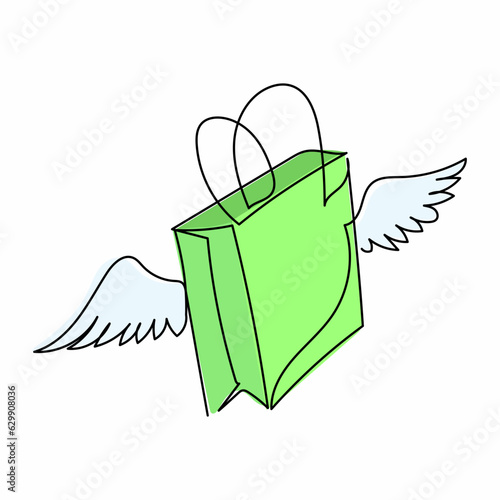 Continuous one line drawing flying shopping paper bag with wings. Delivery logo symbol, cargo shipping dropship. Online shop store service mascot. Single line draw design vector graphic illustration
