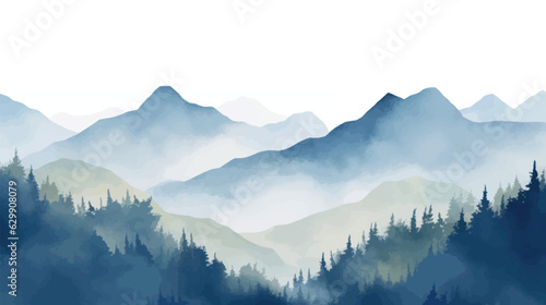 Landscape hills abstract art watercolor painting background with birds flying on mountains range, Vector landscape paintings banner for decoration design, wallpaper, illustration, fabric