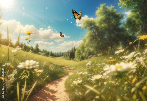 Abstract summer nature background, patch road, Blooming wild grass and a flying butterfly in the forest at sunny day