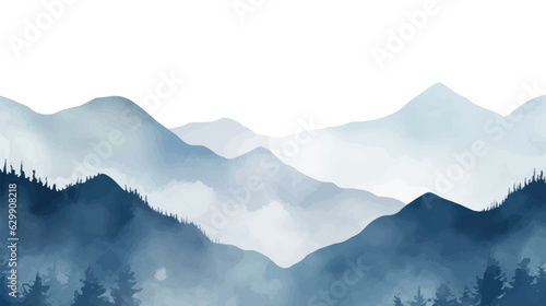 Landscape hills abstract art watercolor painting background with birds flying on mountains range, Vector landscape paintings banner for decoration design, wallpaper, illustration, fabric