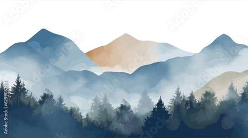 Landscape hills abstract art watercolor painting background with birds flying on mountains range, Vector landscape paintings banner for decoration design, wallpaper, illustration, fabric