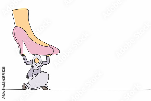 Single one line drawing young Arab businesswoman under giant foot stomping. Violence of dictator toward tiny woman, big shoes crush business people. Continuous line design graphic vector illustration