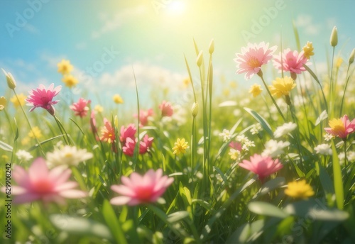 Abstract spring nature background with fresh grass and flowers against sunny sky