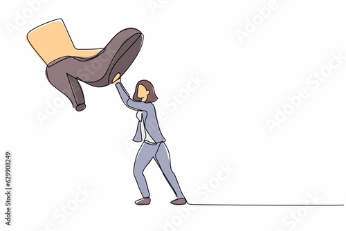 Continuous one line drawing brave businesswoman against giant shoes stomping. Female employee push against giant foot step. Minimalist metaphor concept. Single line design vector graphic illustration