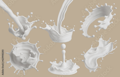 Set of Milk splash and pouring, yogurt or cream include Clipping path, 3d illustration. photo