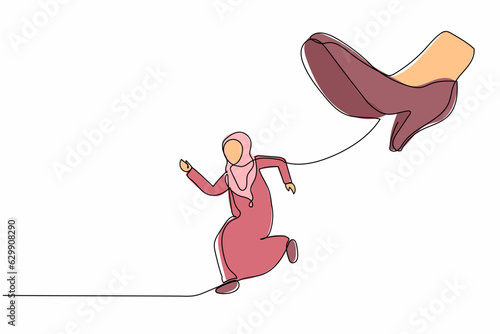 Single one line drawing young Arabian businesswoman run away from stomping foot. Office worker running from giant unfair business competition. Modern continuous line design graphic vector illustration