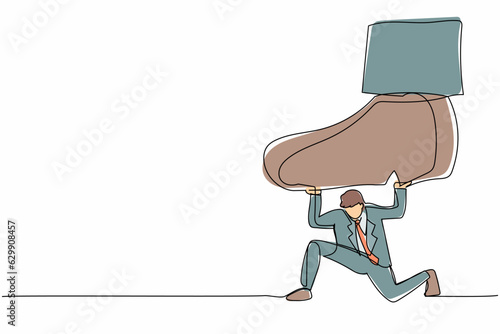 Continuous one line drawing young businessman under giant foot trample. Male manager pressure and domination, limiting freedom. Minimal metaphor concept. Single line design vector graphic illustration