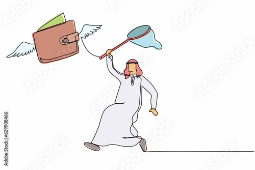 Single continuous line drawing Arabian businessman try to catching flying wallet with butterfly net. Snack money lost on the road. Business metaphor. One line draw graphic design vector illustration