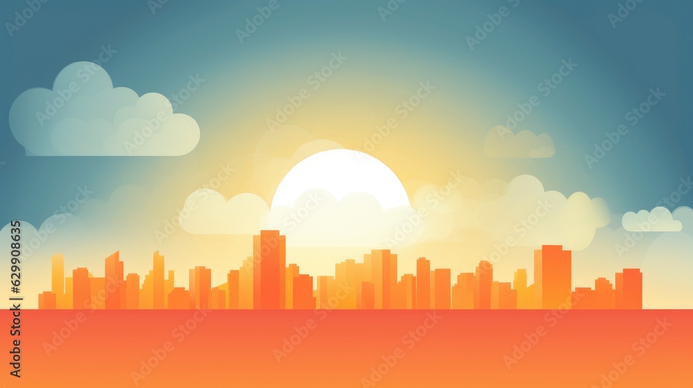 amazing sunset Skyline view for the cityand business district. 2D illustartion