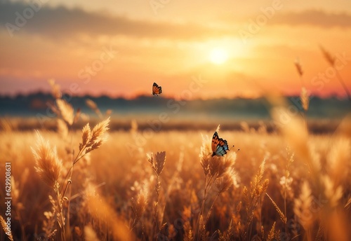 Abstract autumn field landscape at sunset with soft focus. dry ears of grass in the meadow and a flying butterfly © Jasmine