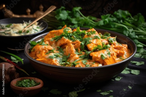 garnished butter chicken with cilantro leaves photo