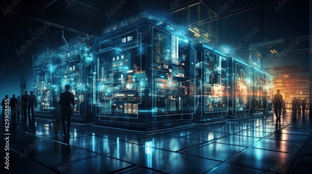 Futuristic Concept: Data Center personal, Standing In Warehouse, Information Digitalization Lines Streaming Through Servers. SAAS, Cloud Computing, Web Service Futuristic Concept: Data Center personal, Standing In Warehouse, Information Digitalization Lines Streaming Through Servers. SAAS, Cloud Computing, Web Service