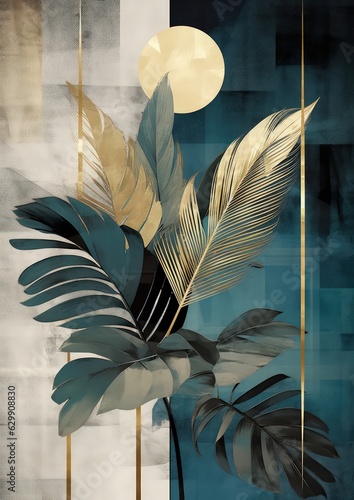 Poster canvas with graceful leaves and flowers in shades of light gold and dark azure by Generative AI