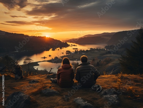 Couple on holiday watching a sunrise together, while traveling by car.