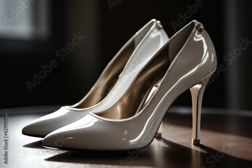Expensive and luxurious pair of white high-heeled shoes. Generative AI.