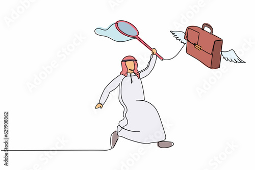 Continuous one line drawing Arab businessman try to catching flying briefcase with butterfly net. Losing career path and bad performance. Business metaphor. Single line draw design vector illustration