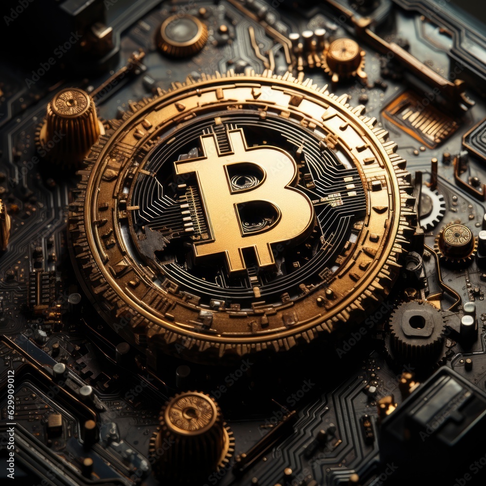 A gold Bitcoin coin with glare and reflection installed instead of a central processor in a motherboard with electronic components with golden light in the darkness. Bitcoin mining.