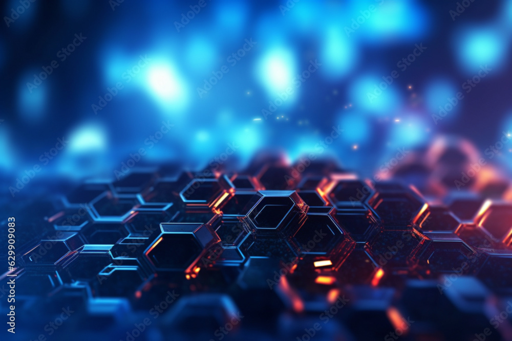 Fototapeta premium Beautiful deep blue abstract background with hexagons, new technologies, intermet, IT concept. Design element, AI generated