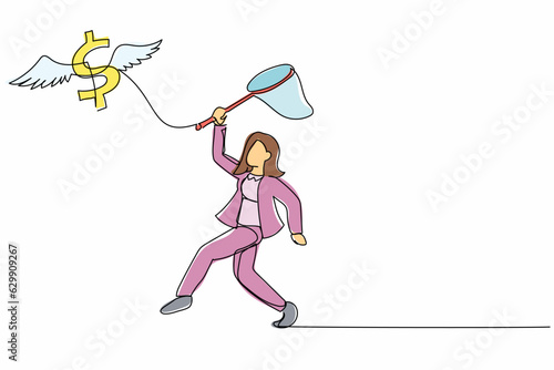 Continuous one line drawing businesswoman try to catching flying dollar symbol with butterfly net. Economic crisis caused value of dollar fly high. Single line draw design vector graphic illustration