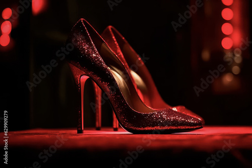 Simple expensive luxury pair of red high heels real detail stage spotlight. Generative AI. photo