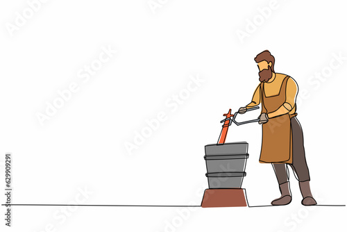 Continuous one line drawing bearded blacksmith master putting hot metal material from furnace in cold water. Steel craft anvil worker. Craftsman in apron. Single line draw design vector illustration