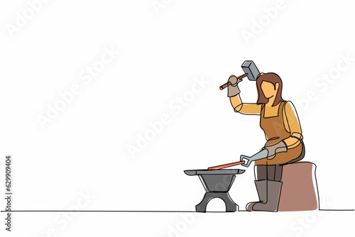 Single one line drawing female blacksmith sitting wearing apron hitting iron piece forged with hammer. Metal worker making craft art production. Continuous line draw design graphic vector illustration